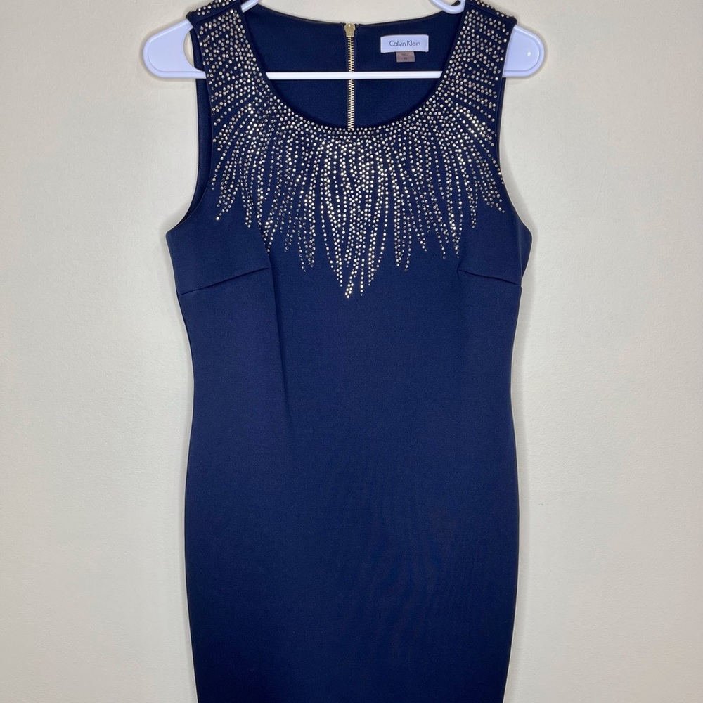 Calvin Klein sheath dress, navy blue embellished, size 10